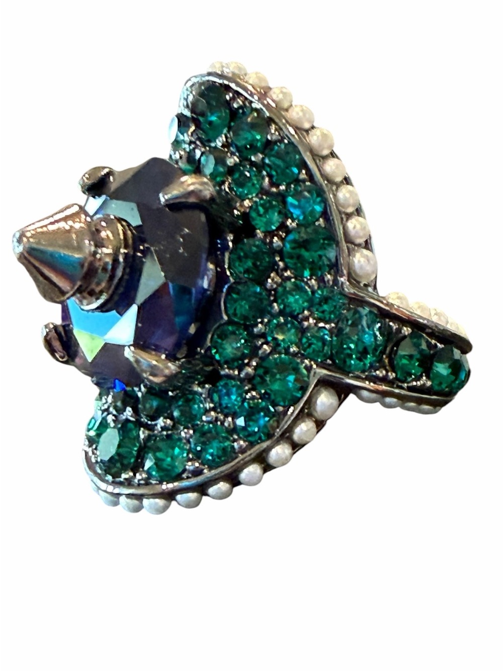 Gucci Green Pavé and Blue Center Gem Ring with Pearl Trim - Picture 7 of 12